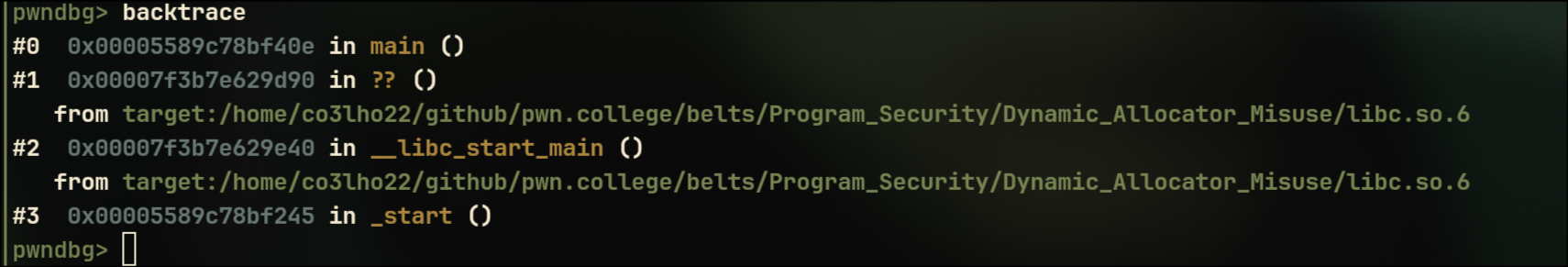 pwndbg backtrace showing the live call stack and the stack address holding main's return address