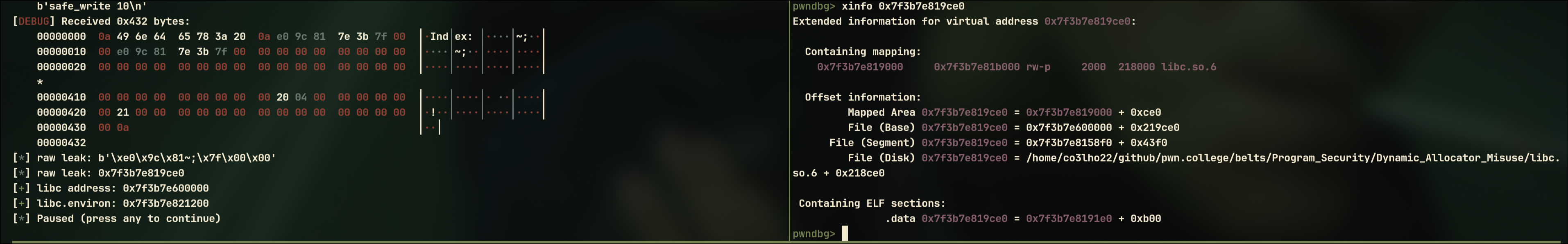 Split view: exploit output on the left showing the raw leaked bytes and computed libc base; pwndbg xinfo on the right confirming the leaked address belongs to libc.so.6 at offset 0x219ce0