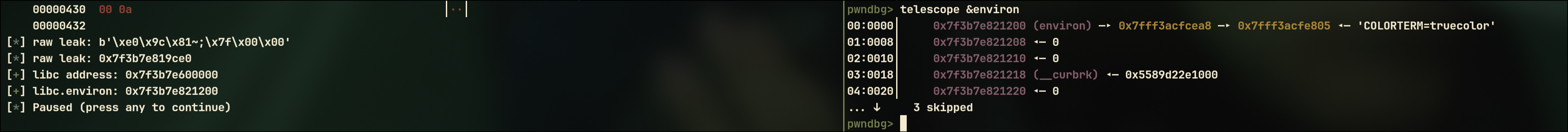 Split view: exploit stdout logging the computed environ address on the left; pwndbg telescope and p &environ on the right confirming the same address and the stack value it points to
